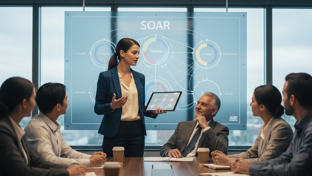 Woman presenting to a group of people in a conference room with 'SOAR' displayed on a screen.